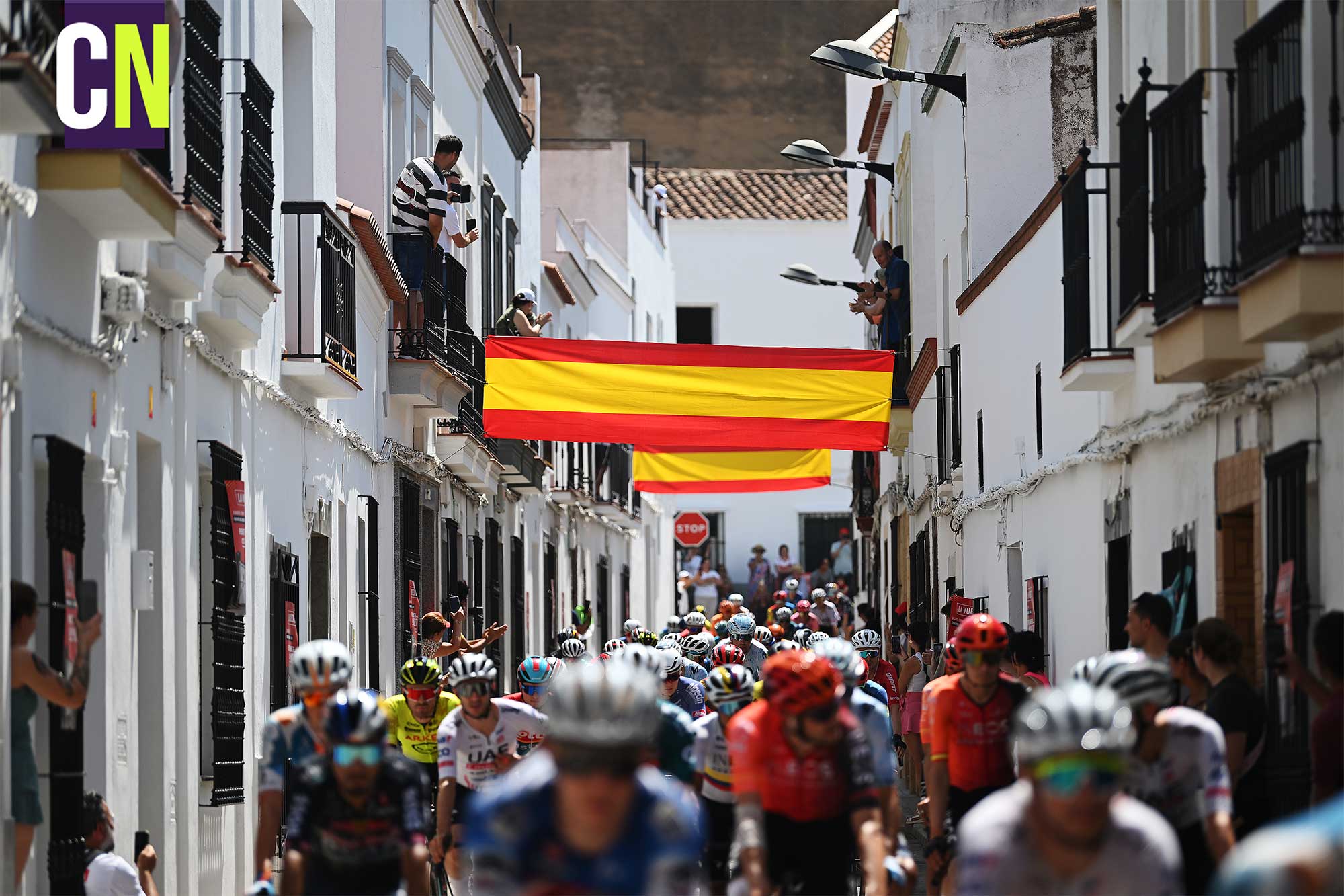 FUENTE DEL MAESTRE, SPAIN - AUGUST 21: A general view of the peloton prior to La Vuelta, 79th Tour of Spain 2024, Stage 5 a 177km stage Fuente del Maestre to Seville / #UCIWT / on August 21, 2024 in Fuente del Maestre, Spain. (Photo by Dario Belingheri/Getty Images)