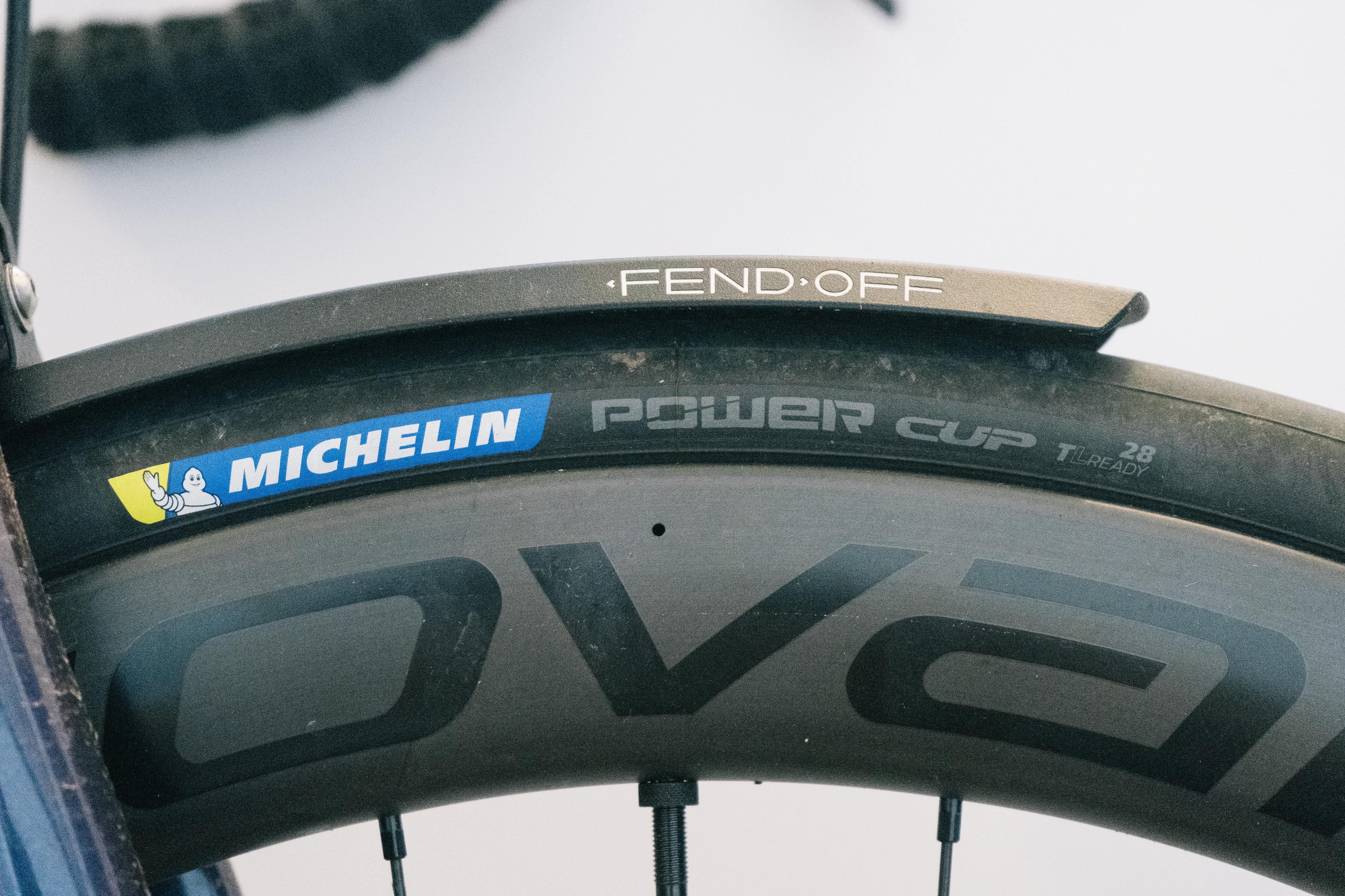 Michelin Power Cup road bike tyres mounted on a Roval wheel