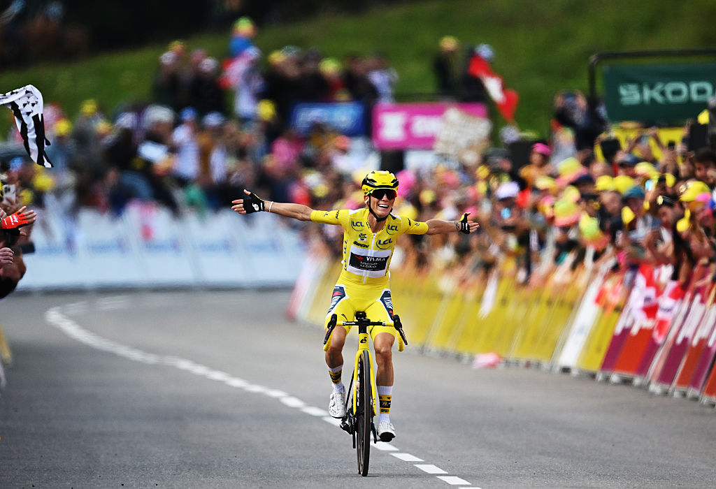 CHATEL LES PORTES DU SOLEIL, FRANCE - AUGUST 03: Pauline Ferrand-Prevot of France and Team Visma | Lease a Bike - Yellow leader jersey celebrates at finish line as stage and final overall winner winner during the 4th Tour de France Femmes 2025, Stage 9 a 124.1km stage from Praz-sur-Arly to Chatel Les Portes du Soleilon 1298m / #UCIWWT / August 03, 2025 in Chatel Les Portes du Soleil, France. (Photo by Szymon Gruchalski/Getty Images)