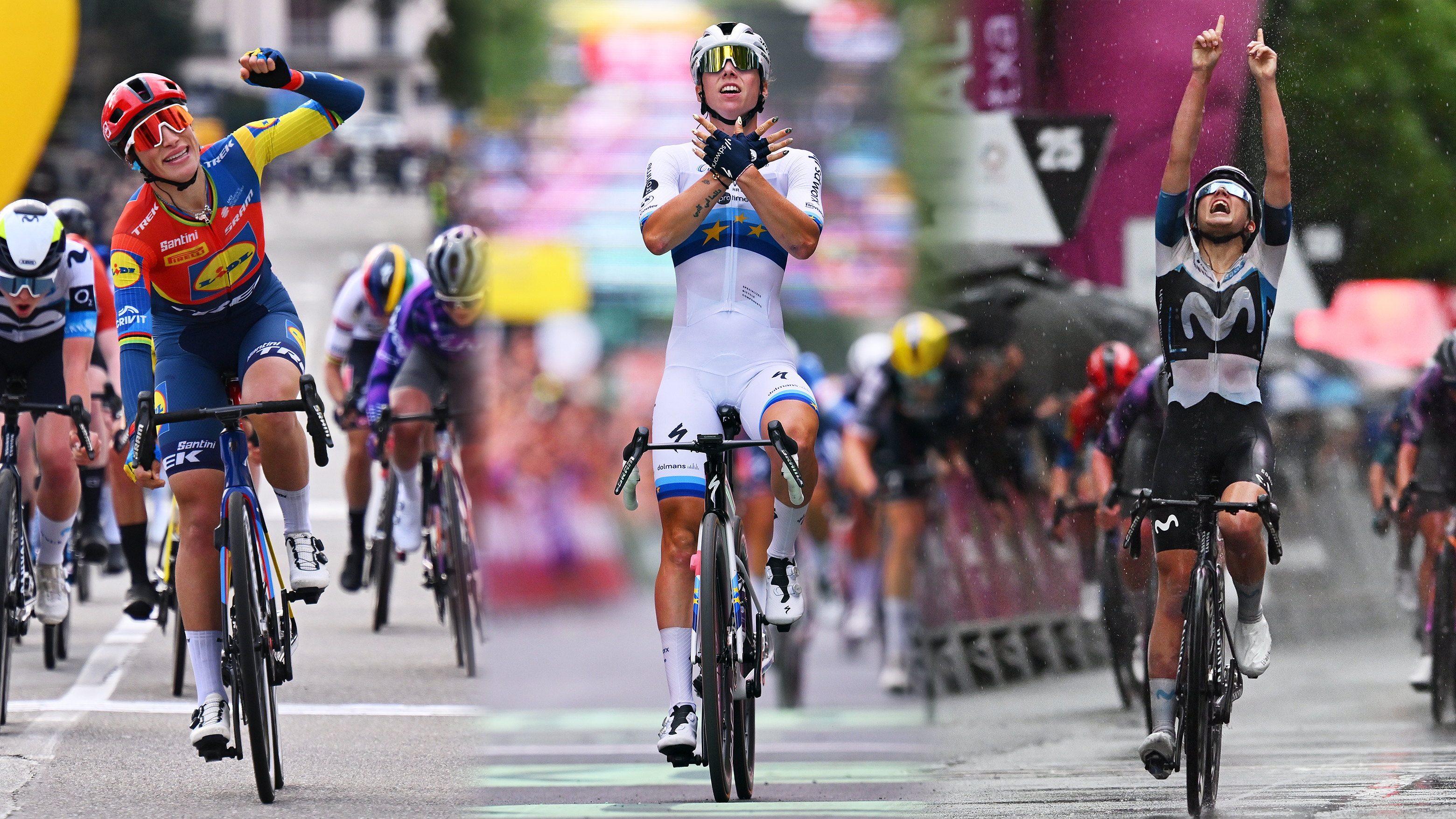 Composite image of Elisa Balsamo, Lorena Wiebes and Cat Ferguson all winning in 2025