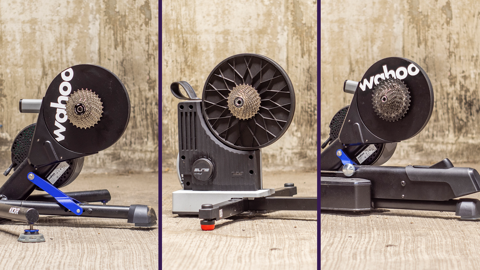 A collage image of the the best smart trainers, featuring the Wahoo Kickr, Elite Justo 2 and the Wahoo Kickr Move standing in an underground car park