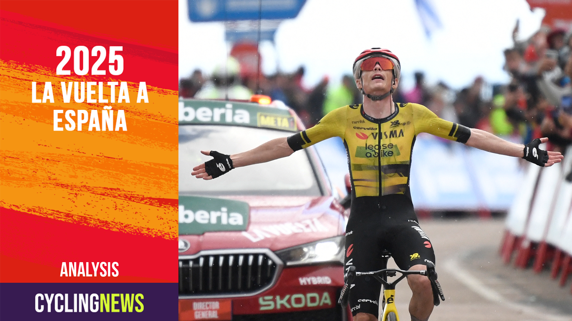 Team Visma-Lease a bike's Danish rider Jonas Vingegaard celebrates crossing first the finish line of the 9th stage of the Vuelta a Espana, a 195 km race between Alfaro and Valdezcaray, on August 31, 2025. (Photo by ANDER GILLENEA / AFP) (Photo by ANDER GILLENEA/AFP via Getty Images)